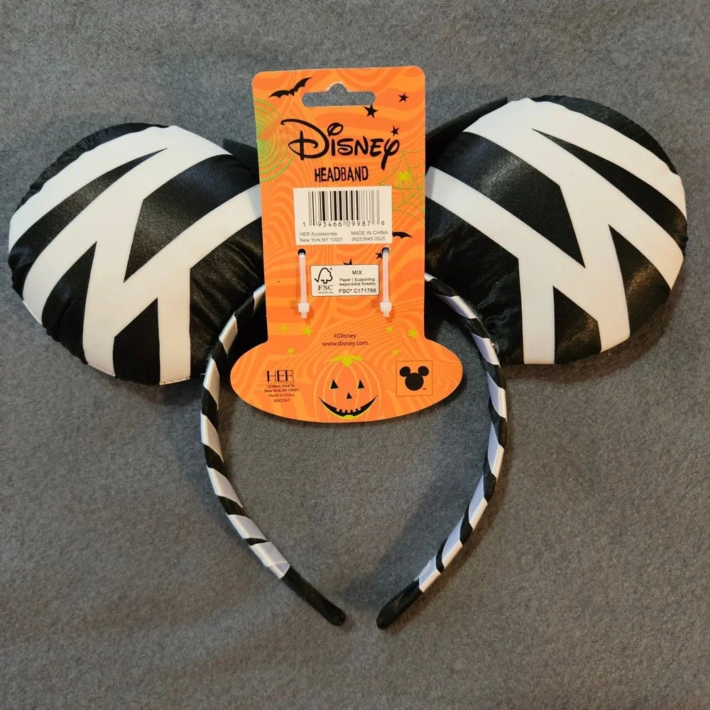 Disney Minnie‎ Mouse Halloween Zebra Print Ears Headband Black White girls